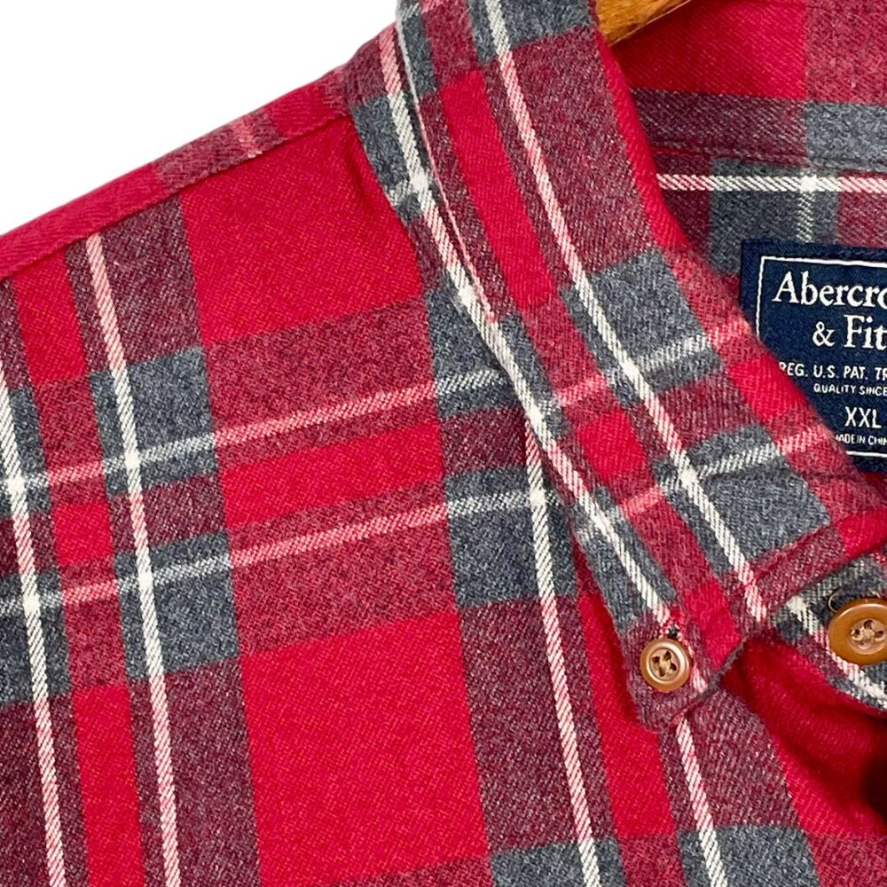 Abercrombie & Fitch 100% Cotton Red Gray Plaid Flannel Button Down Men’s XXL - Picture 6 of 15